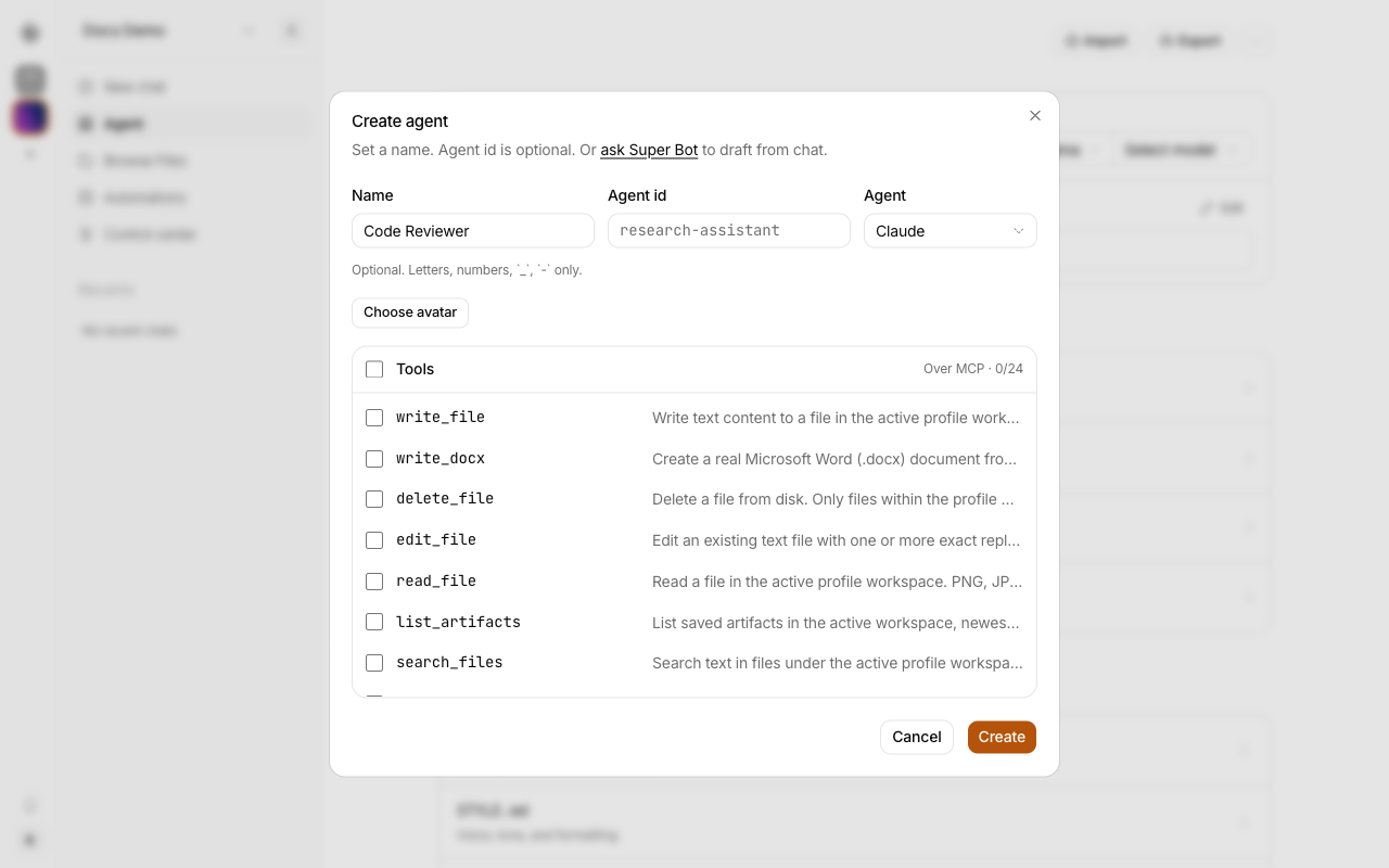 The Create agent dialog with the name Code Reviewer and the agent Claude