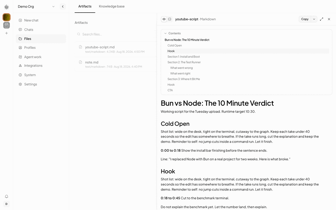 The Files page, with a markdown artifact open in the preview panel
