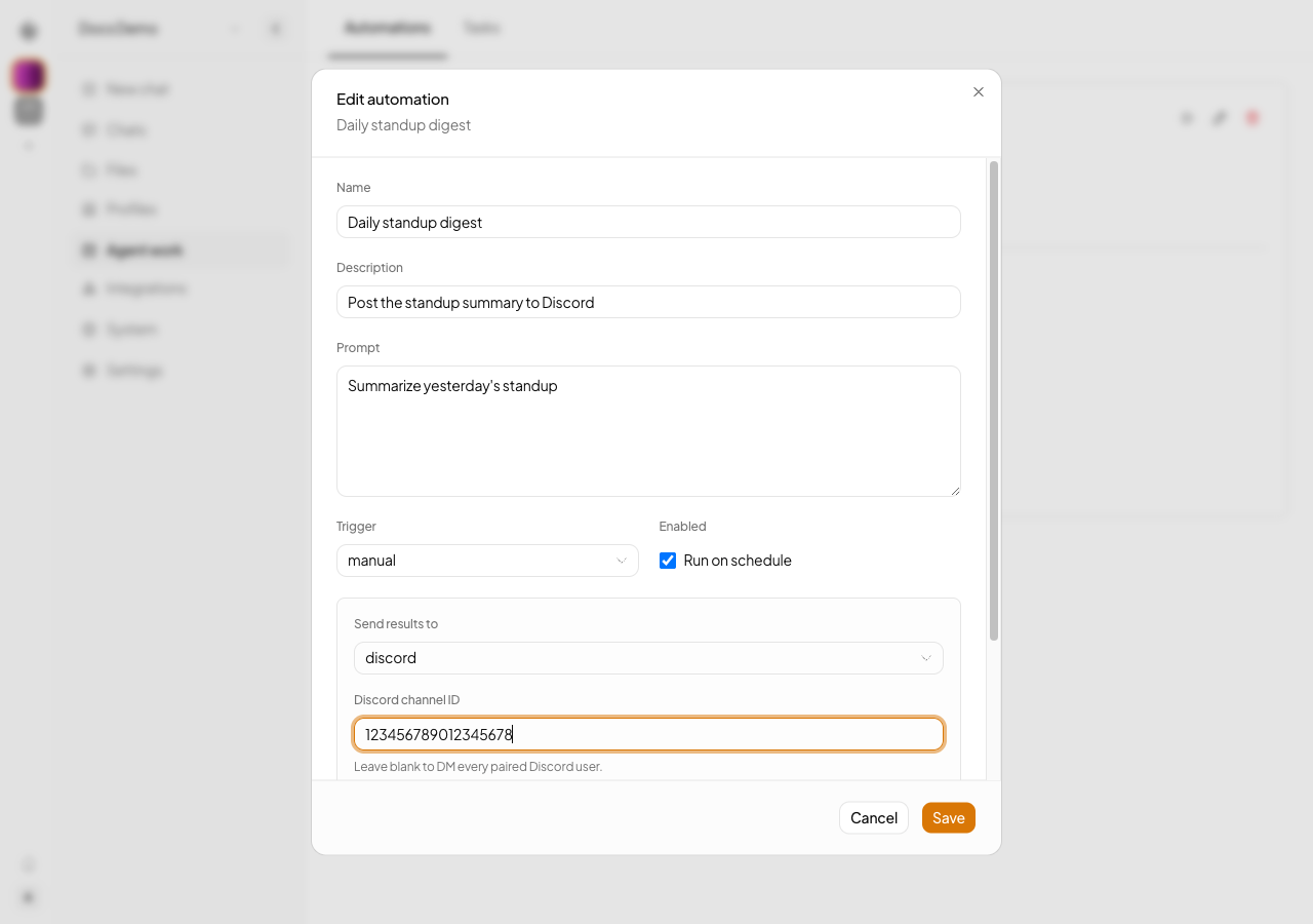 Choosing Discord delivery and a channel ID on the automation editor