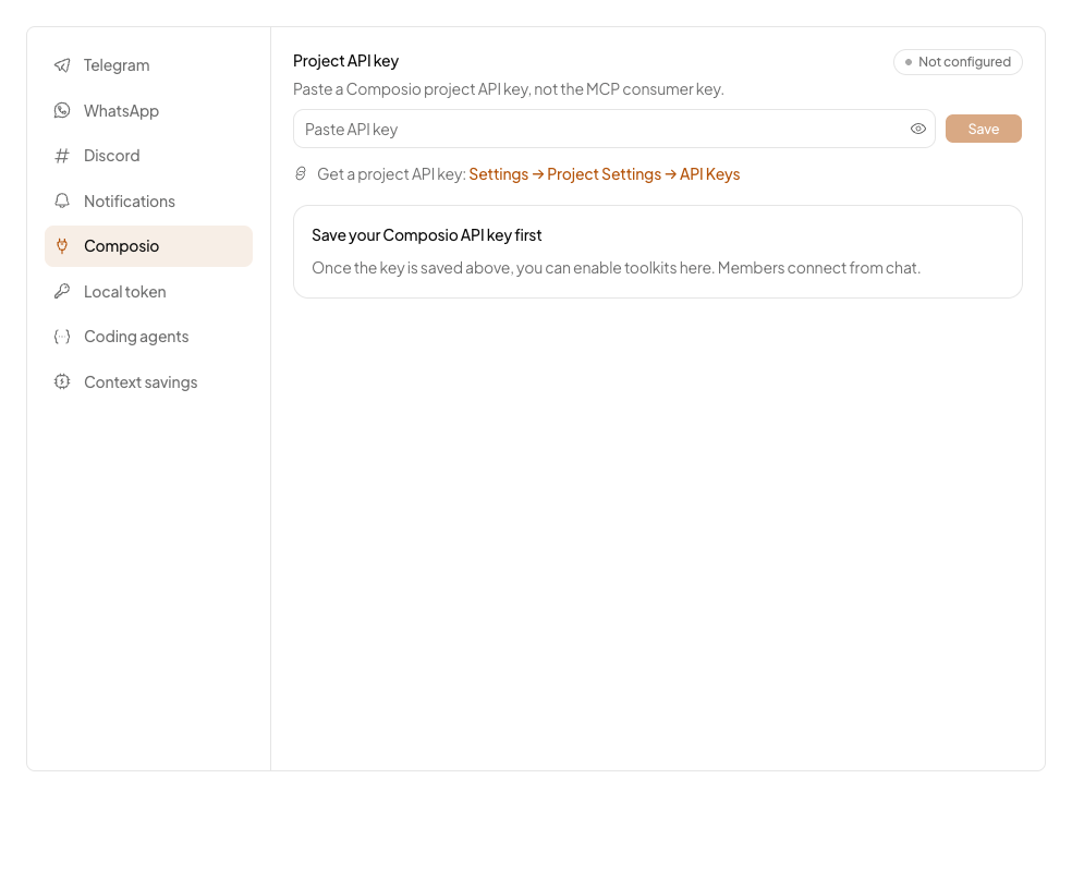 The Composio page in Nakama before a key is saved, with the Project API key box and a link to the dashboard