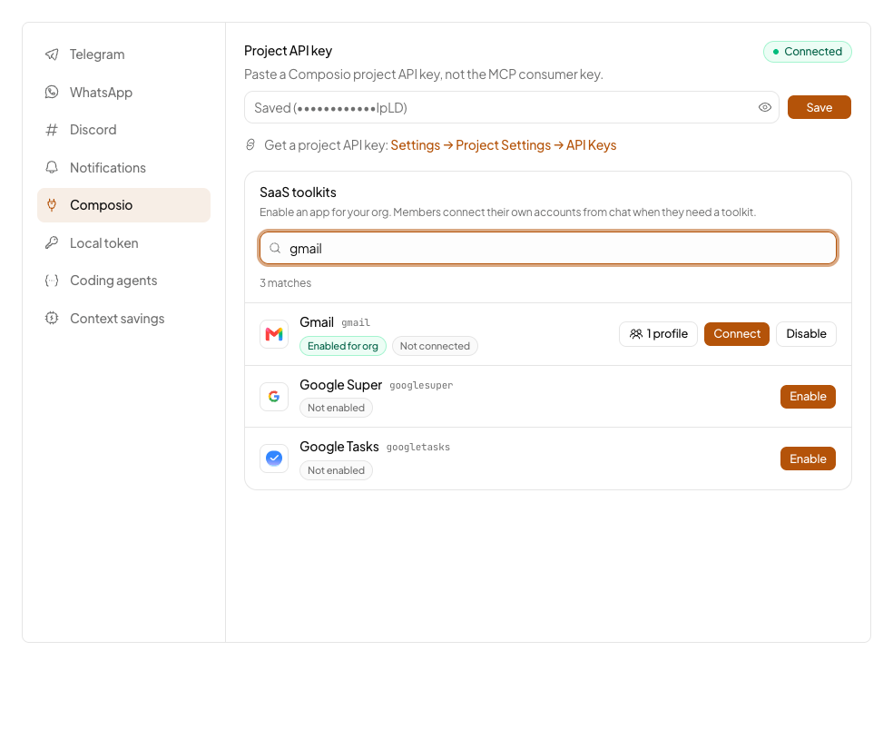 A Gmail row enabled for the org and not yet connected, with the Connect button
