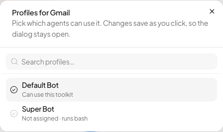 The profile picker listing Default Bot as able to use the toolkit and Super Bot as not assigned