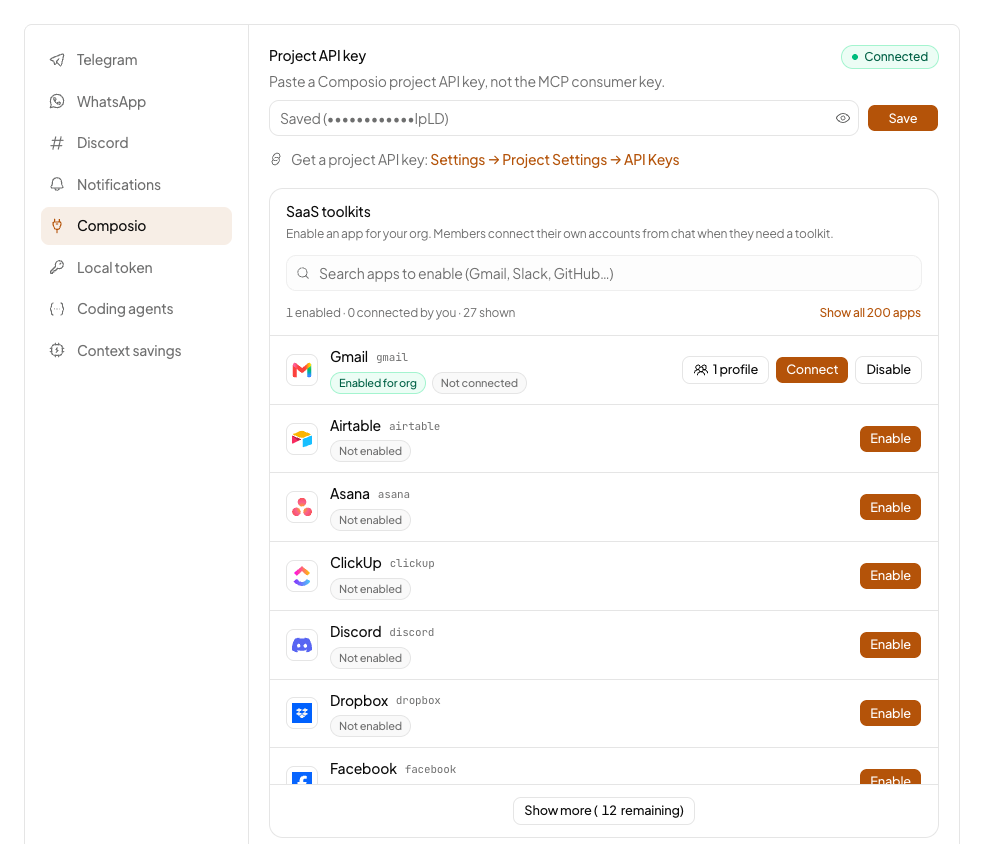 The SaaS toolkits list showing Gmail enabled and the popular apps below it