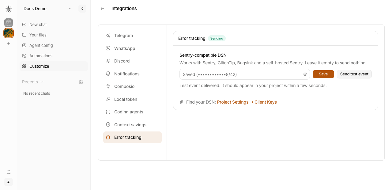 The Error tracking page with a saved DSN, the badge reading Sending, and the message confirming the test event was delivered