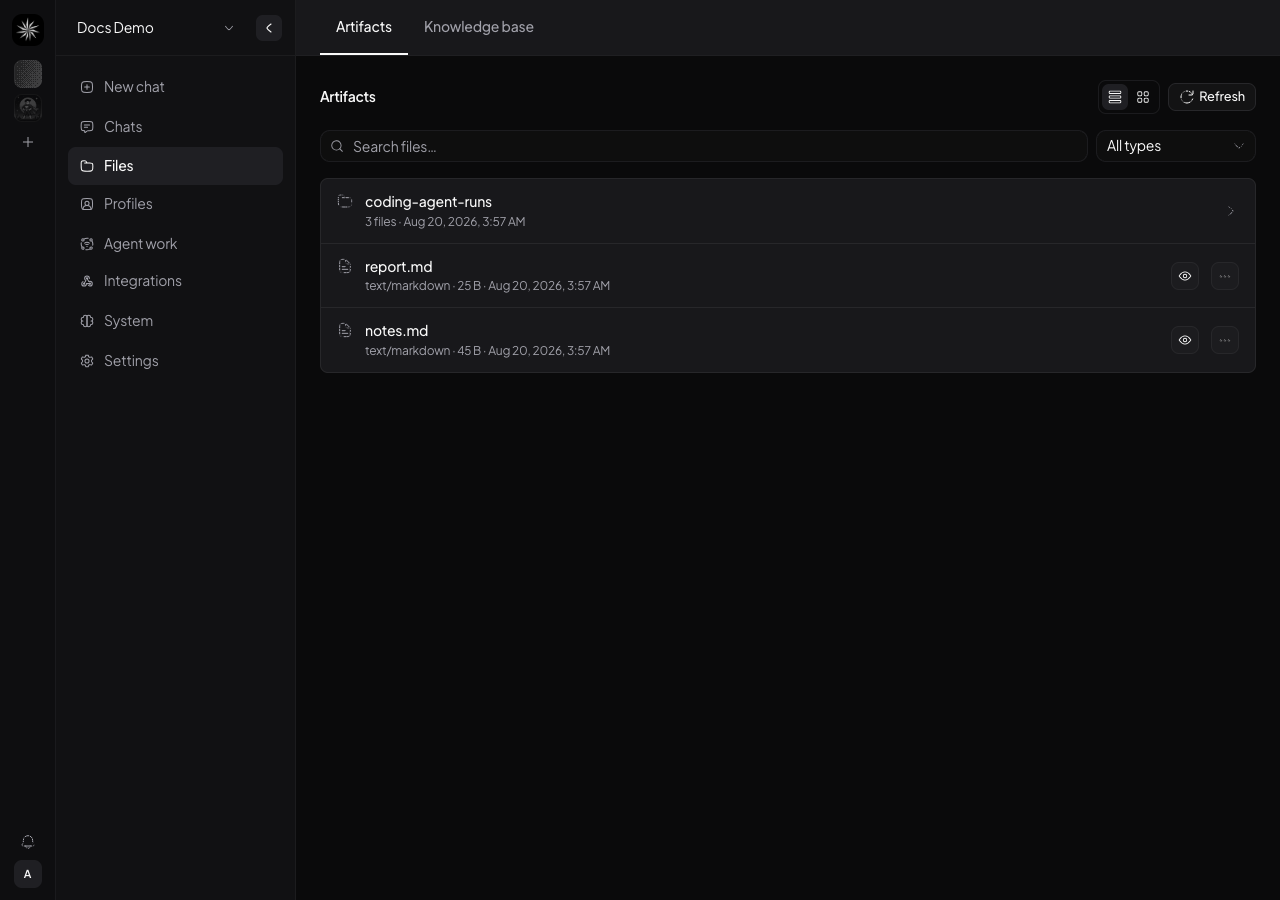 The Files page grouping nested coding-agent-runs logs into a folder
