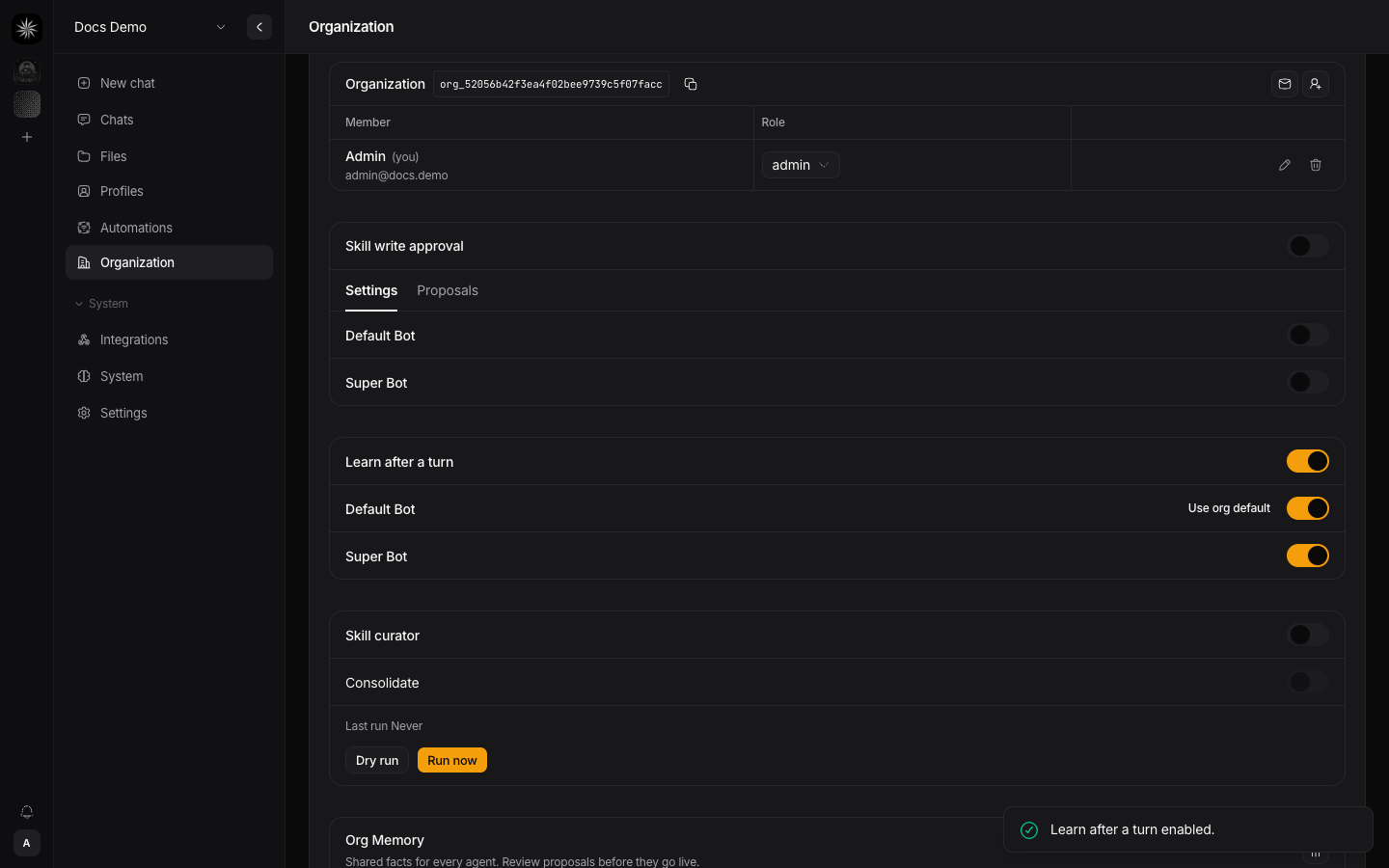 Learn after a turn org switch and per-profile overrides