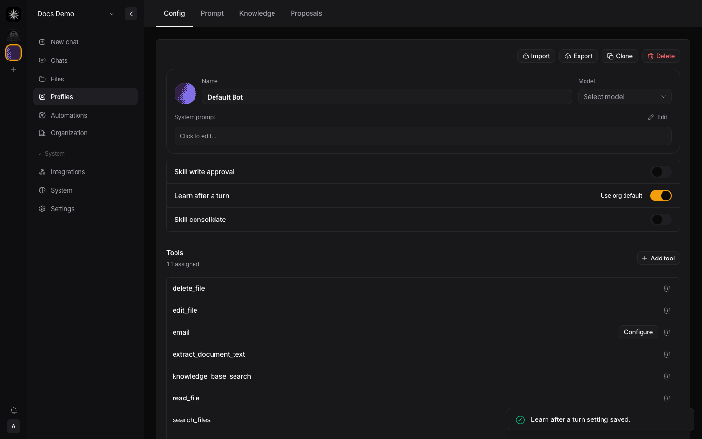 Learn after a turn switch on an agent settings page