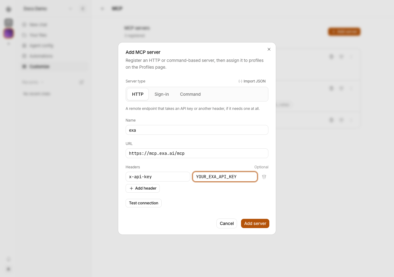 Add an HTTP MCP server with an Exa API key header