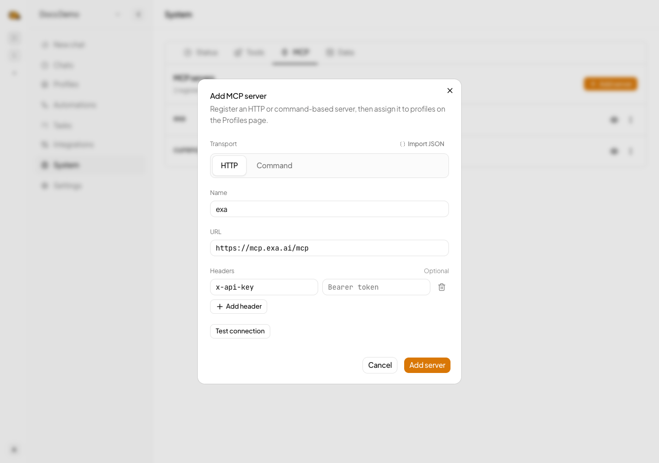 Add an HTTP MCP server with an Exa API key header