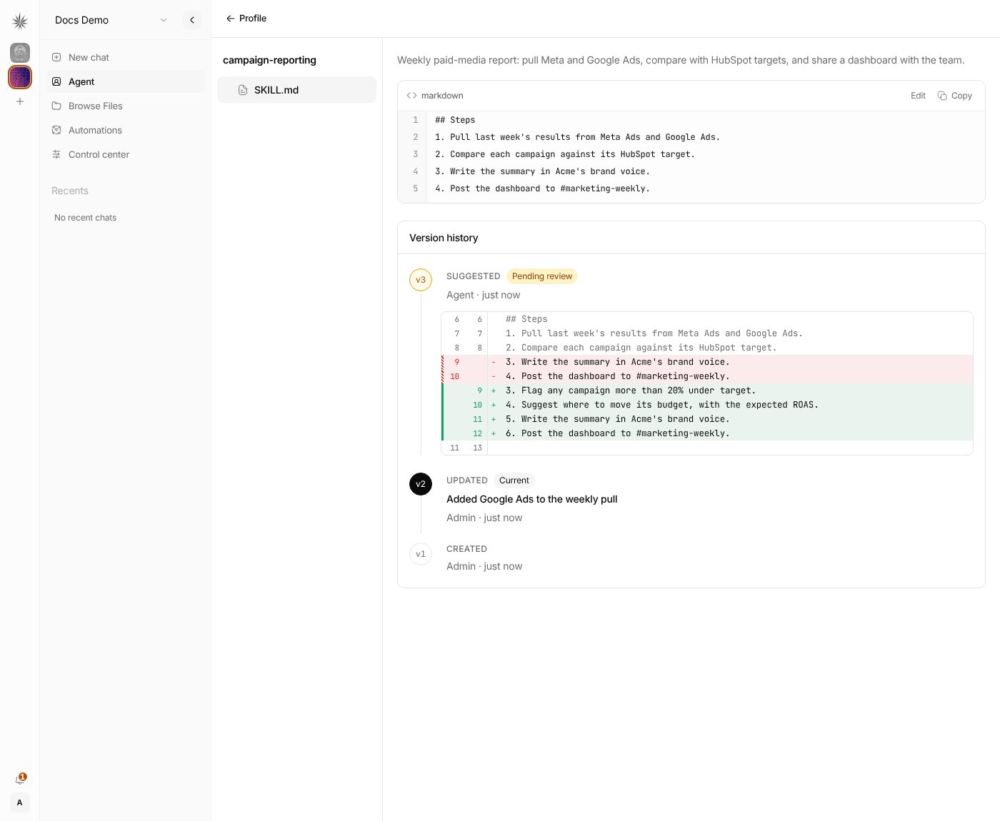 Version history with a pending suggestion and its diff