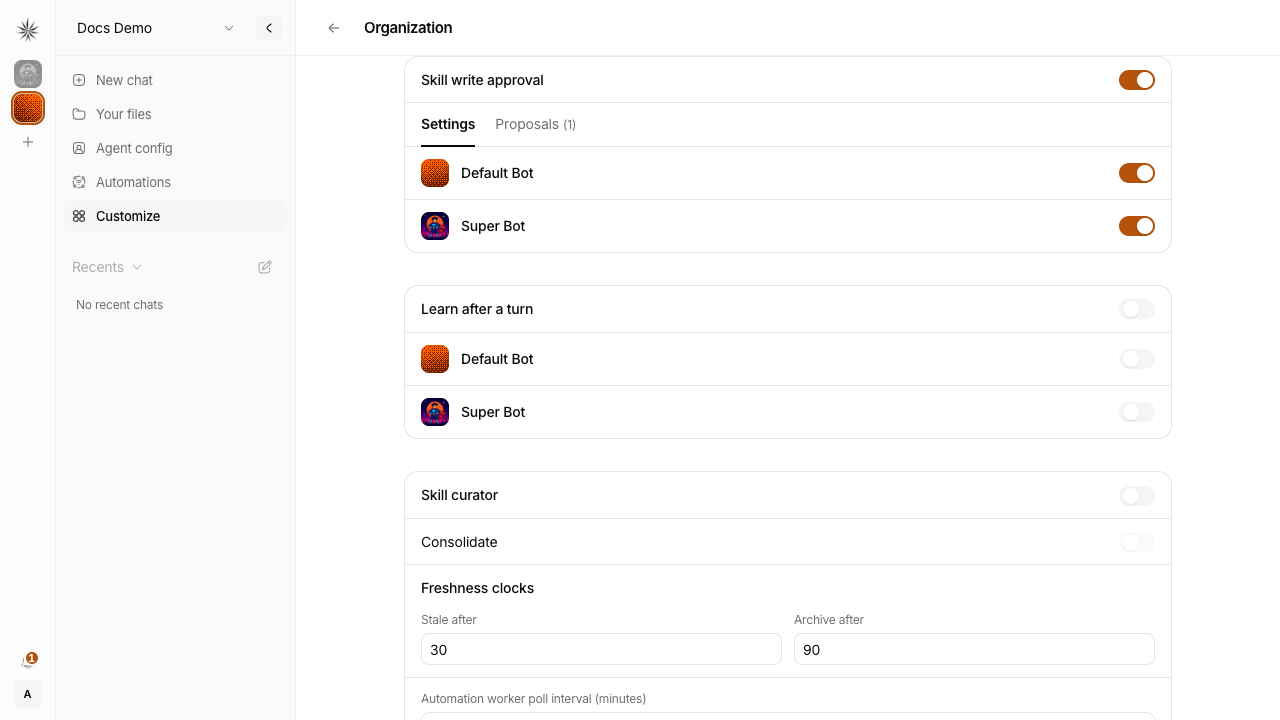 Enable the org-wide skill write approval gate and optional per-profile overrides