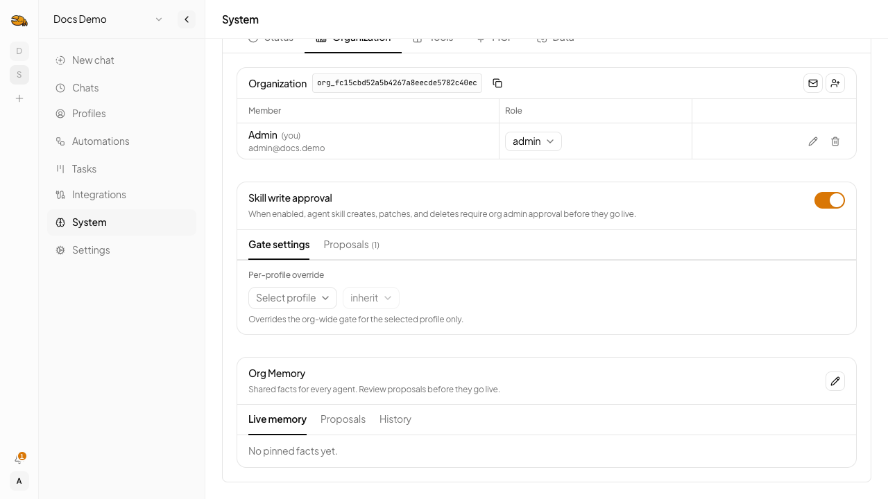 Enable the org-wide skill write approval gate and optional per-profile overrides