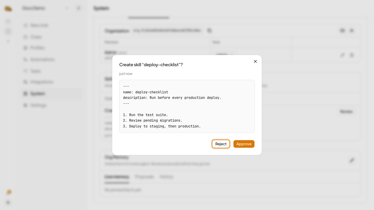 Review dialog — preview skill content and approve or reject