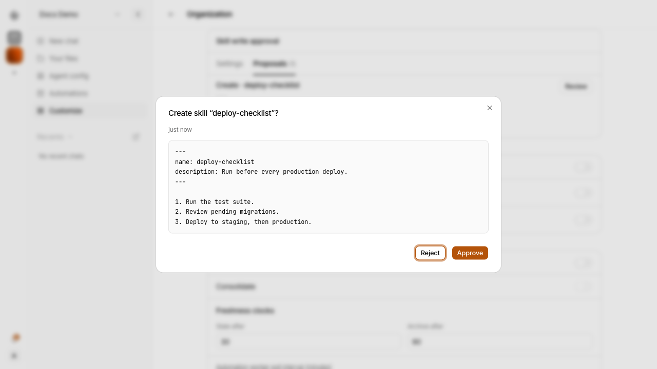Review dialog — preview skill content and approve or reject