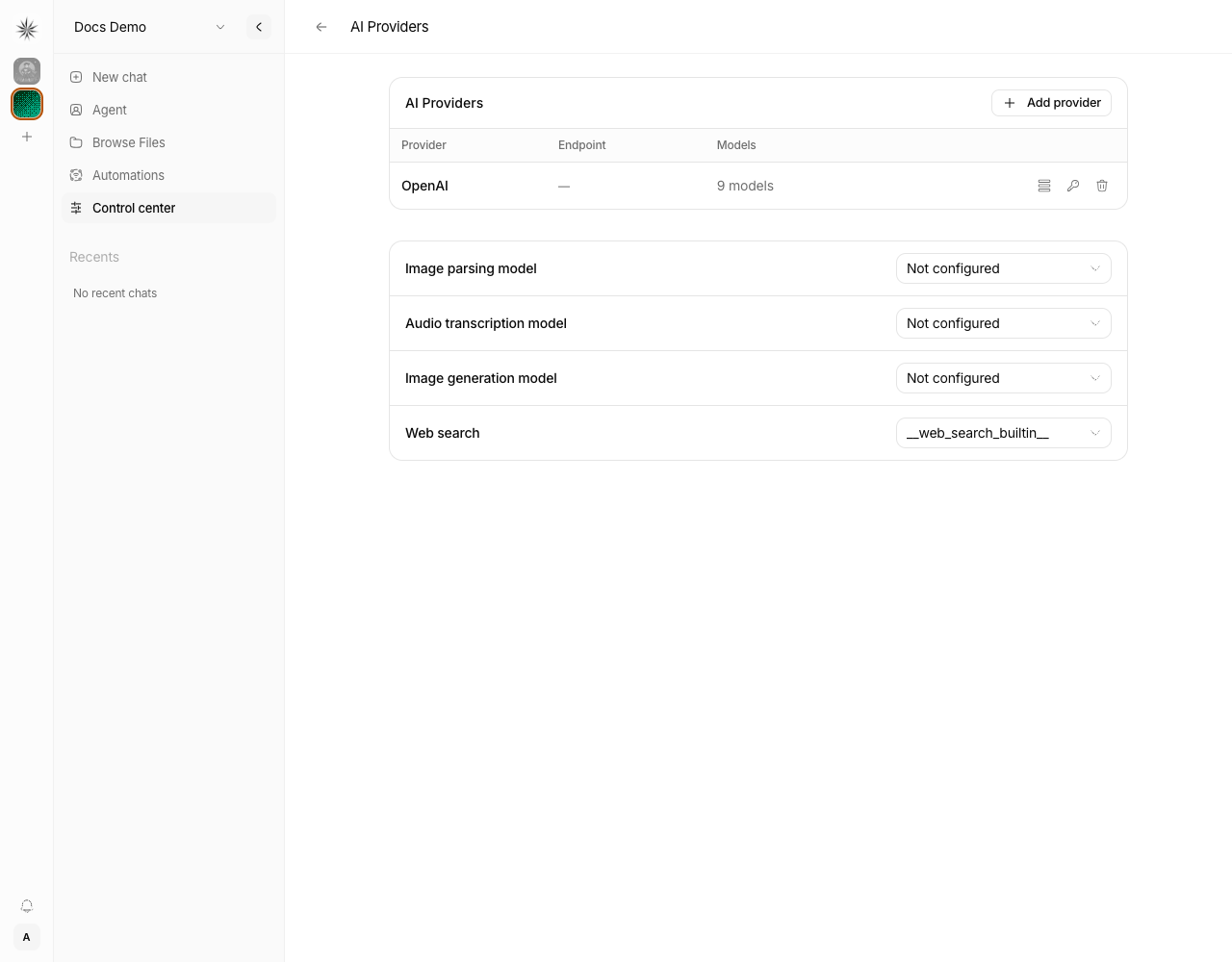 Choose an OpenAI audio transcription model under AI Providers