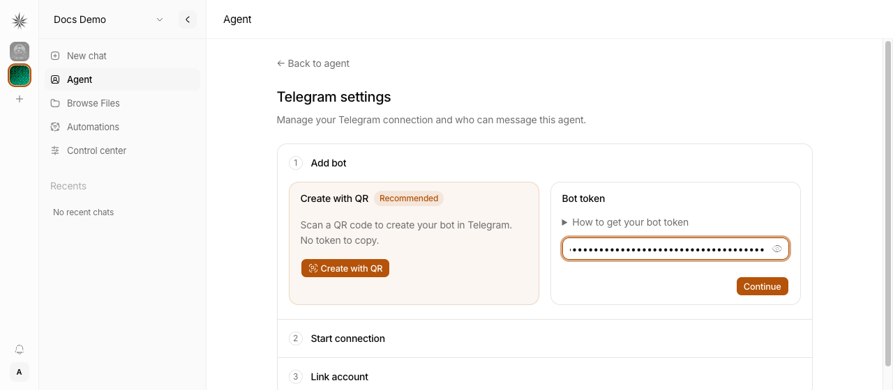 Paste the bot token from @BotFather on Agent → your agent → Channels → Telegram