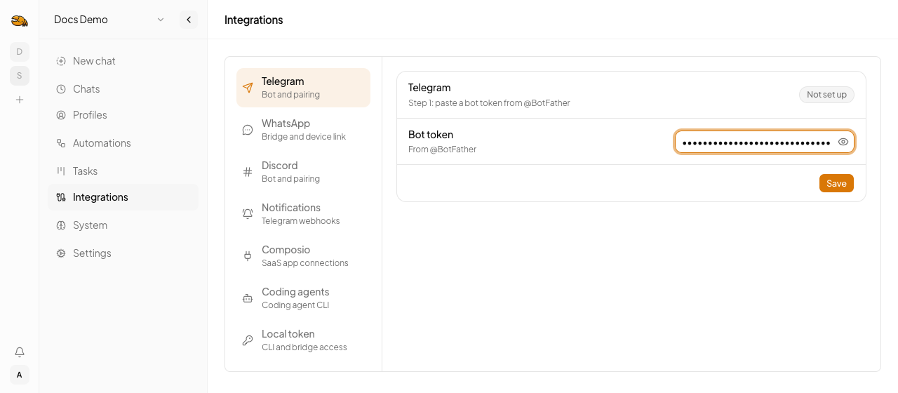 Paste the bot token from @BotFather on Integrations → Telegram