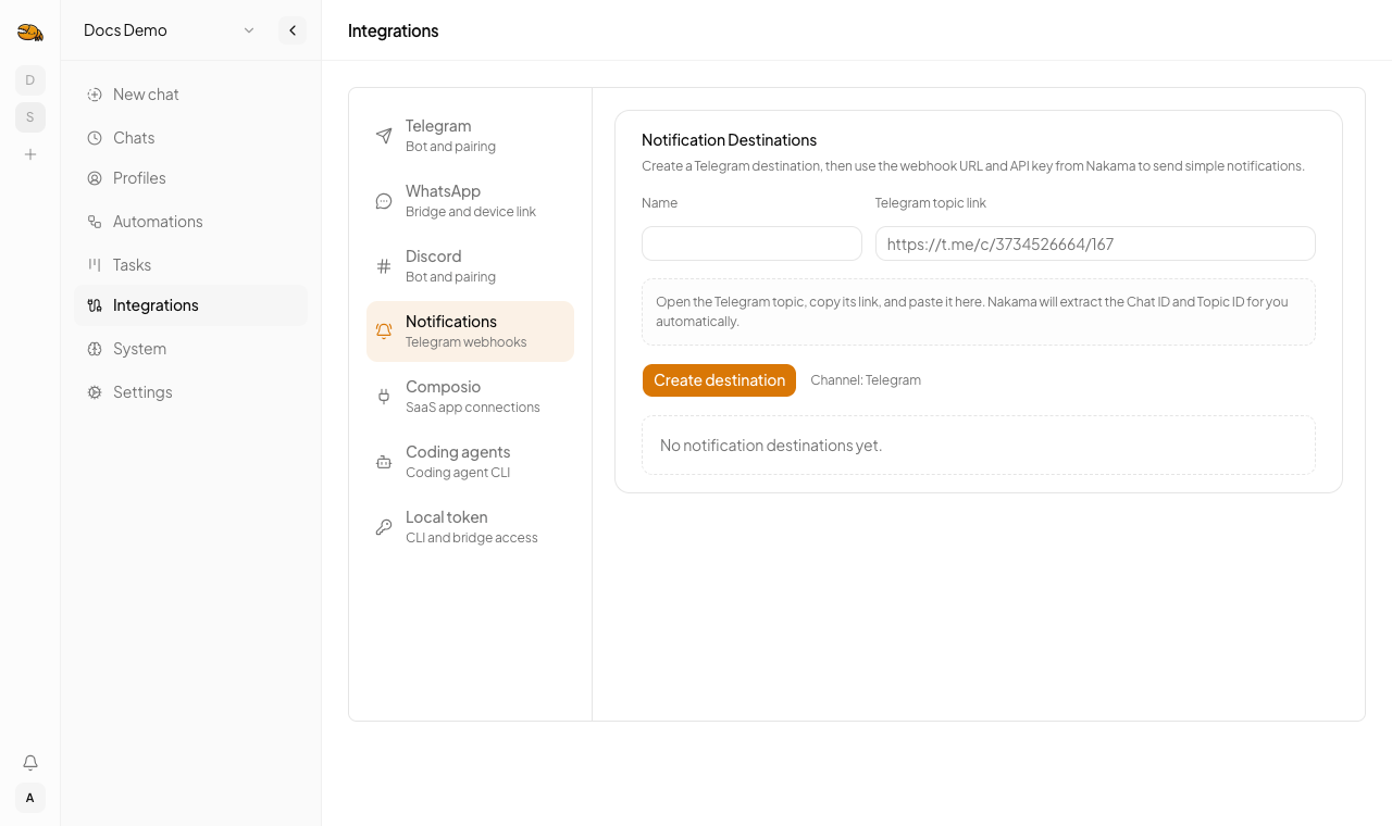 Create a Telegram notification destination from Integrations → Notifications