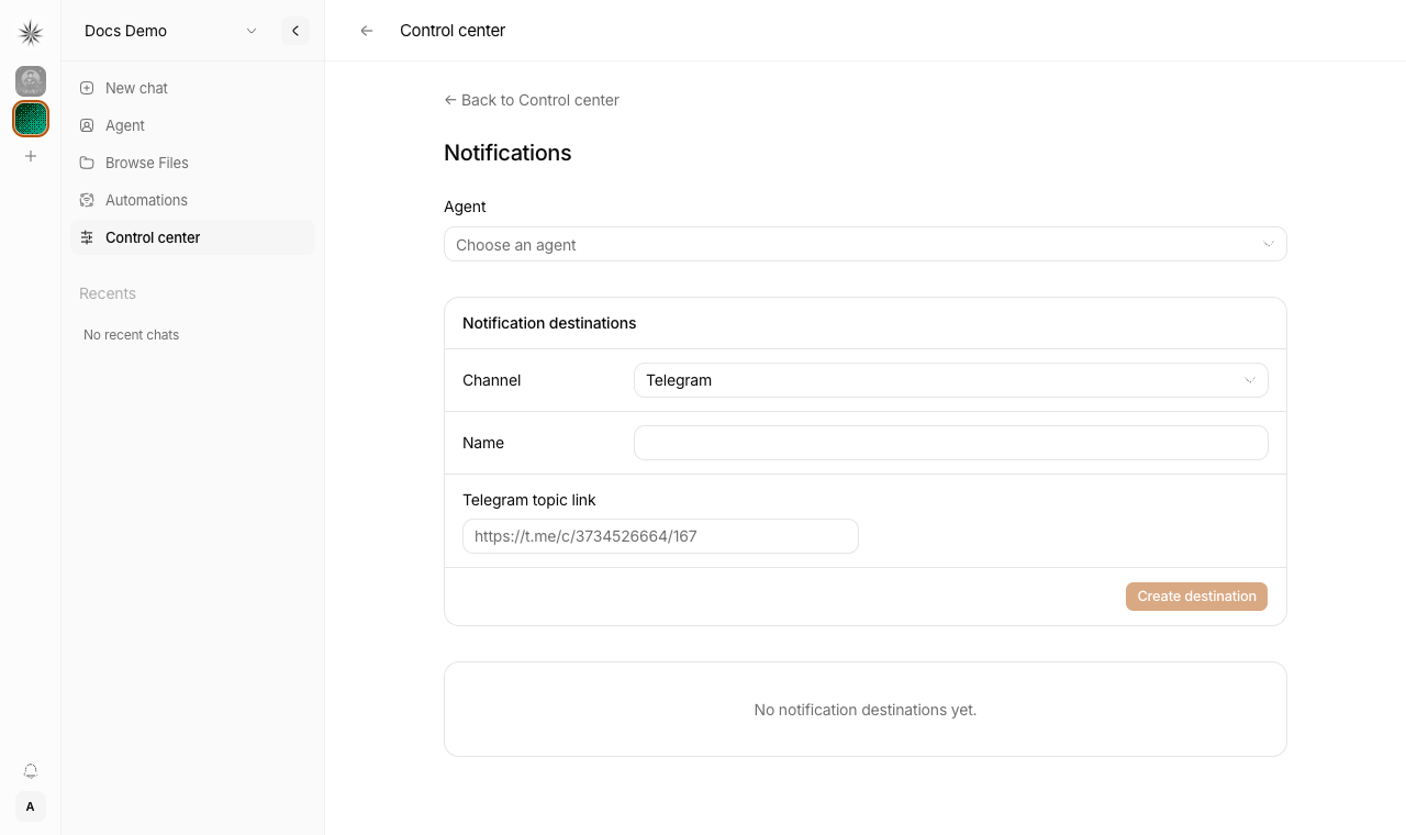 Create a Telegram notification destination from Control center → Notifications