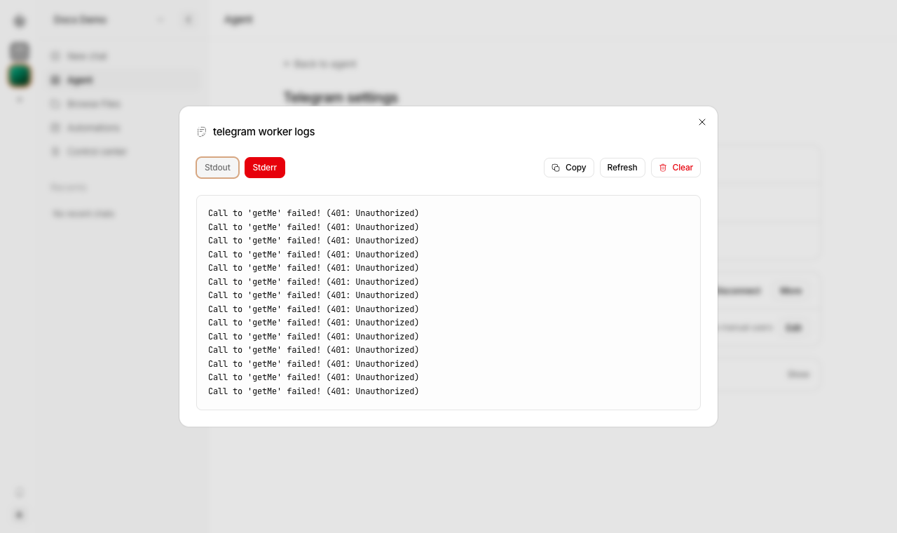 The Stderr tab in the worker logs dialog shows Telegram API errors