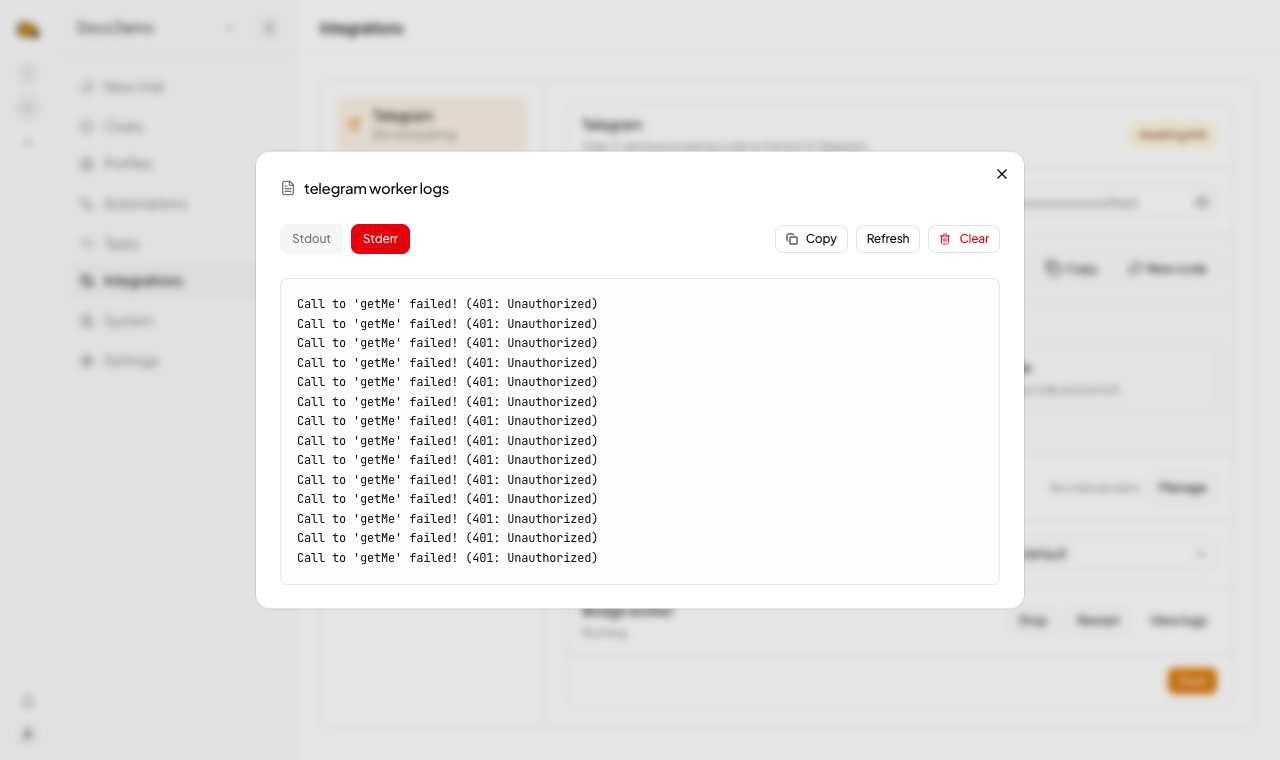 The Stderr tab in the worker logs dialog shows Telegram API errors